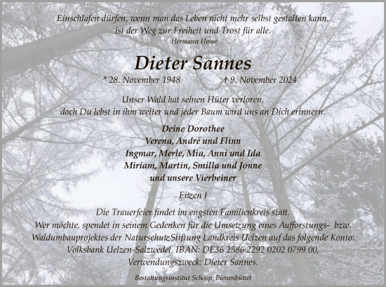 Todesanzeige von Dieter Sannes von UEL