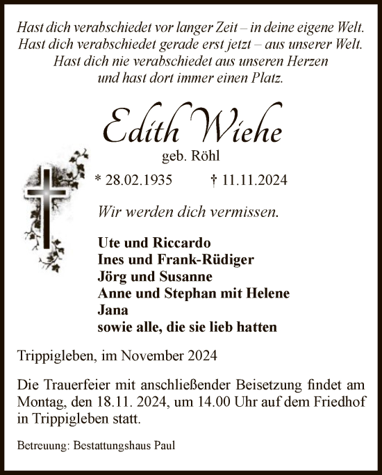 Todesanzeige von Edith Wiehe von UEL