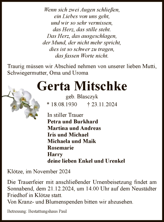 Todesanzeige von Gerta Mitschke von UEL