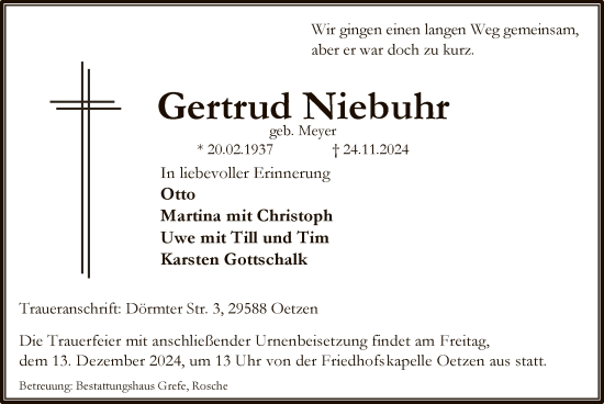 Todesanzeige von Gertrud Niebuhr von UEL