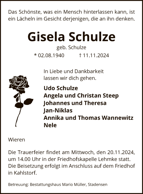 Todesanzeige von Gisela Schulze von UEL