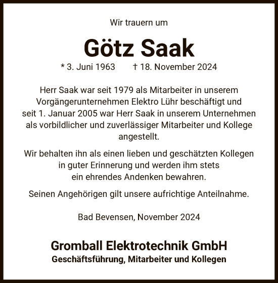 Todesanzeige von Götz Saak von UEL