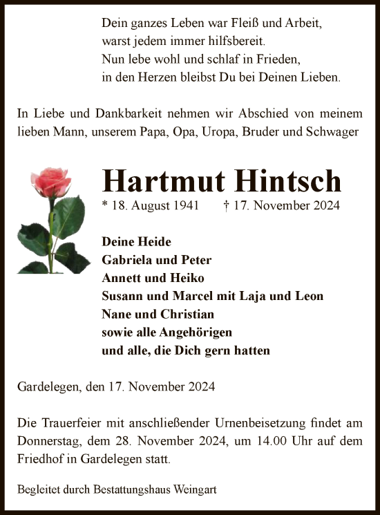 Todesanzeige von Hartmut Hintsch von UEL