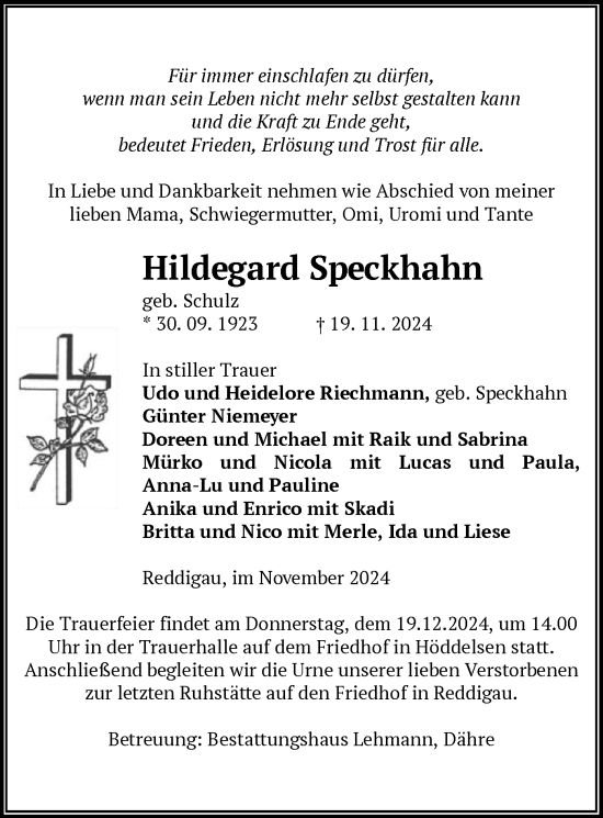 Todesanzeige von Hildegard Speckhahn von UEL