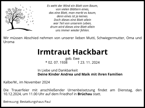 Todesanzeige von Irmtraut Hackbart von UEL