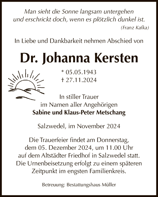 Todesanzeige von Johanna Kersten von UEL