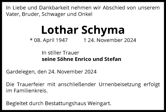 Todesanzeige von Lothar Schyma von UEL