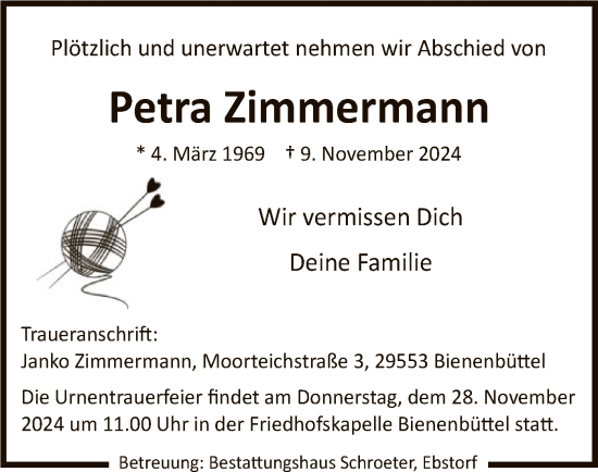 Todesanzeige von Petra Zimmermann von UEL