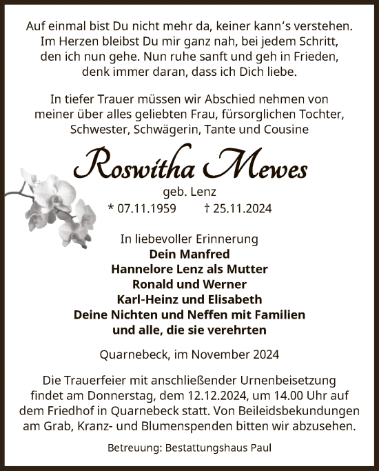 Todesanzeige von Roswitha Mewes von UEL