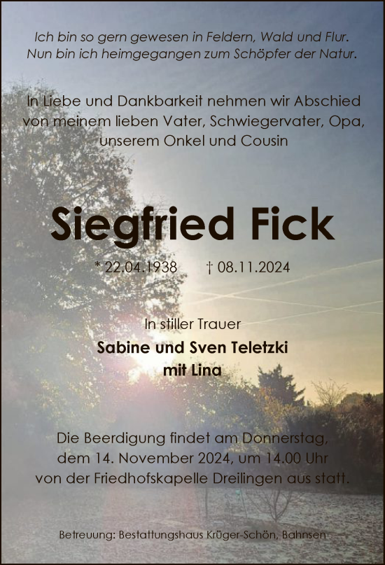 Todesanzeige von Siegfried Fick von UEL