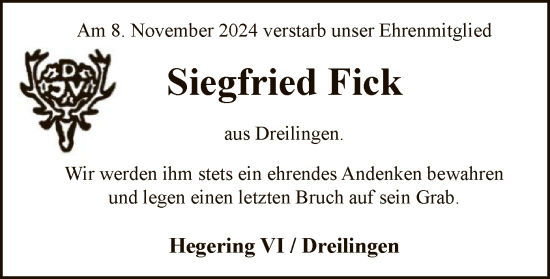 Todesanzeige von Siegfried Fick von UEL