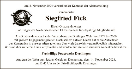 Todesanzeige von Siegfried Fick von UEL