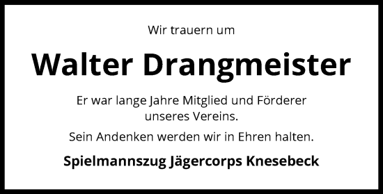 Todesanzeige von Walter Drangmeister von UEL