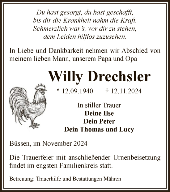 Todesanzeige von Willy Drechsler von UEL