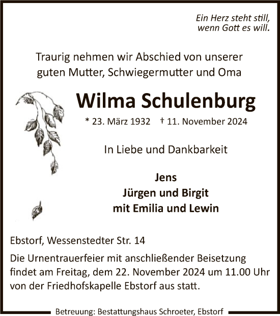 Todesanzeige von Wilma Schulenburg von UEL