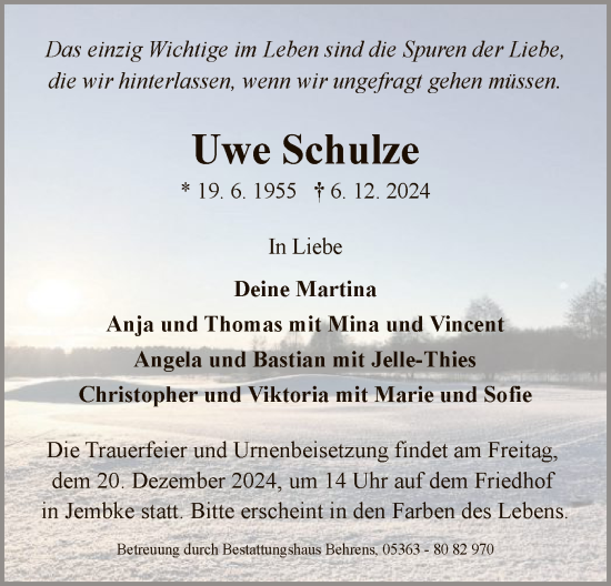 Todesanzeige von Uwe Schulze von UEL