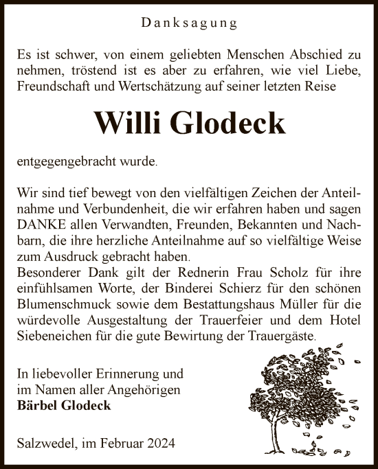 Todesanzeige von Willi Glodeck von UEL