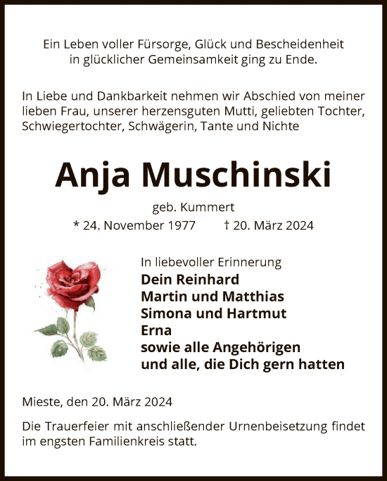 Todesanzeige von Anja Muschinski von UEL