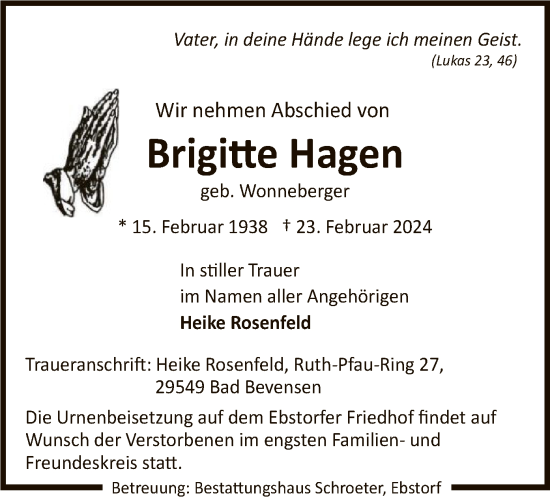 Todesanzeige von Brigitte Hagen von UEL
