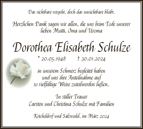 Todesanzeige von Dorothea Elisabeth Schulze von UEL