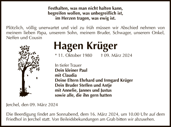 Todesanzeige von Hagen Krüger von UEL