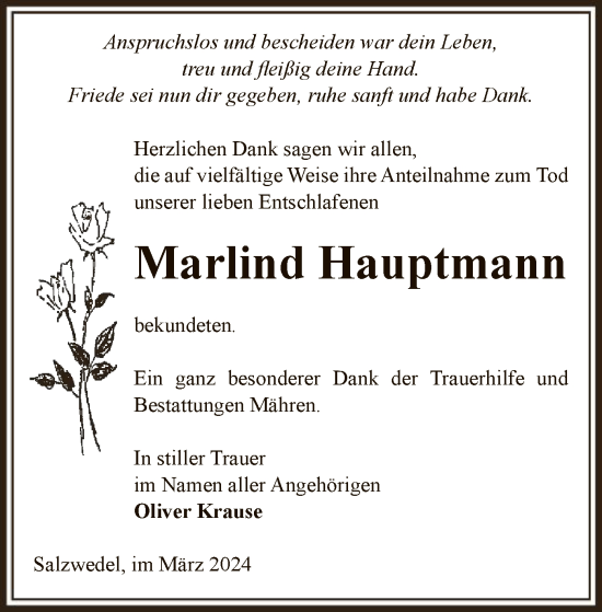 Todesanzeige von Marlind Hauptmann von UEL