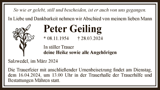 Todesanzeige von Peter Geiling von UEL