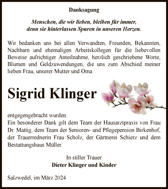 Todesanzeige von Sigrid Klinger von UEL