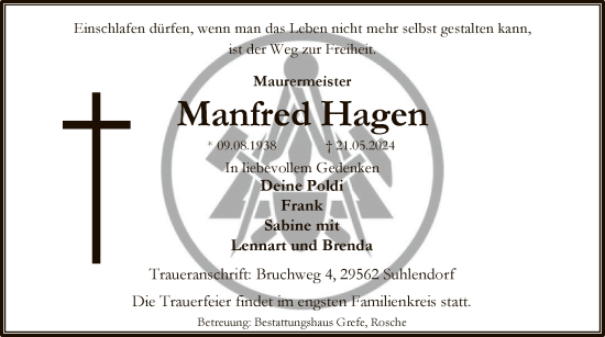 Todesanzeige von Manfred Hagen von UEL