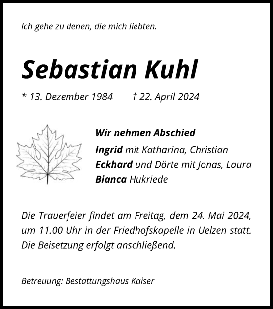 Todesanzeige von Sebastian Kuhl von UEL