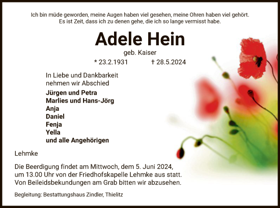 Todesanzeige von Adele Hein von UEL