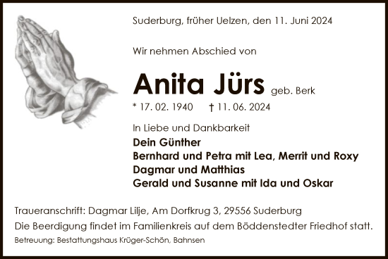 Todesanzeige von Anita Jürs von UEL