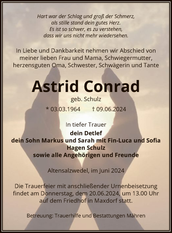 Todesanzeige von Astrid Conrad von UEL