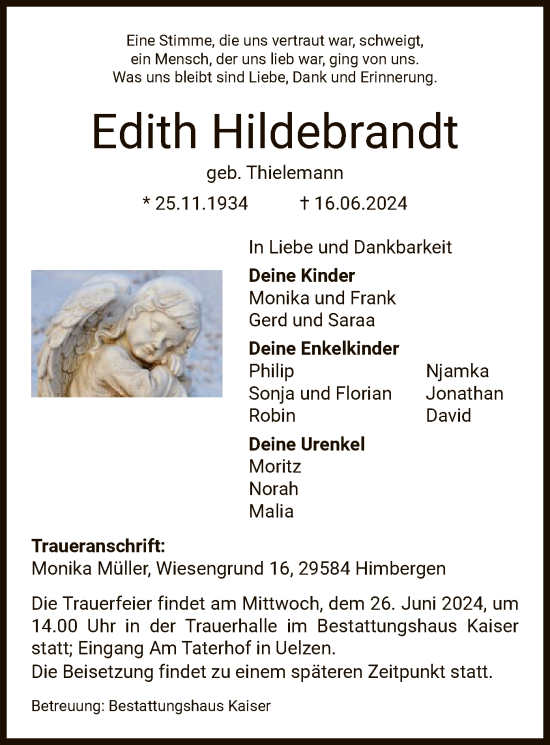 Todesanzeige von Edith Hildebrandt von UEL