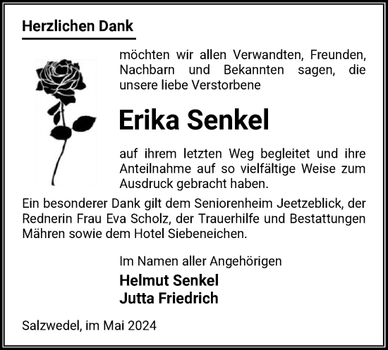 Todesanzeige von Erika Senkel von UEL