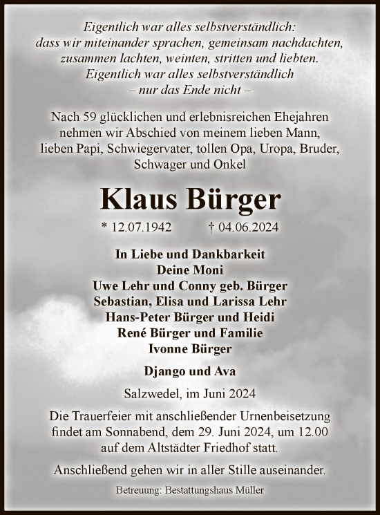 Todesanzeige von Klaus Bürger von UEL