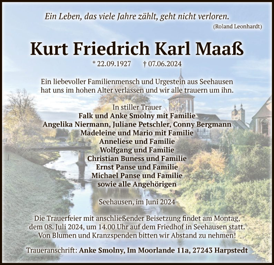 Todesanzeige von Kurt Friedrich Karl Maaß von UEL
