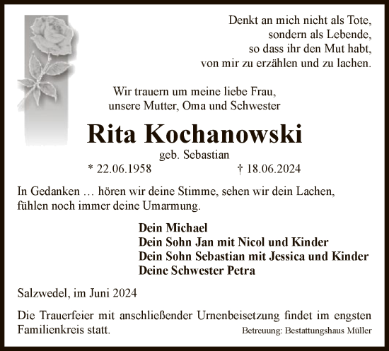 Todesanzeige von Rita Kochanowski von UEL