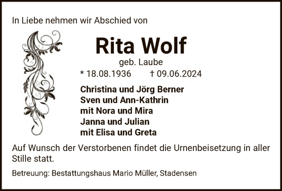 Todesanzeige von Rita Wolf von UEL