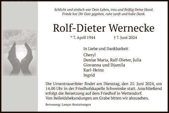Todesanzeige von Rolf-Dieter Wernecke von UEL