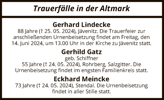 Todesanzeige von Trauerfälle in der Altmark von UEL