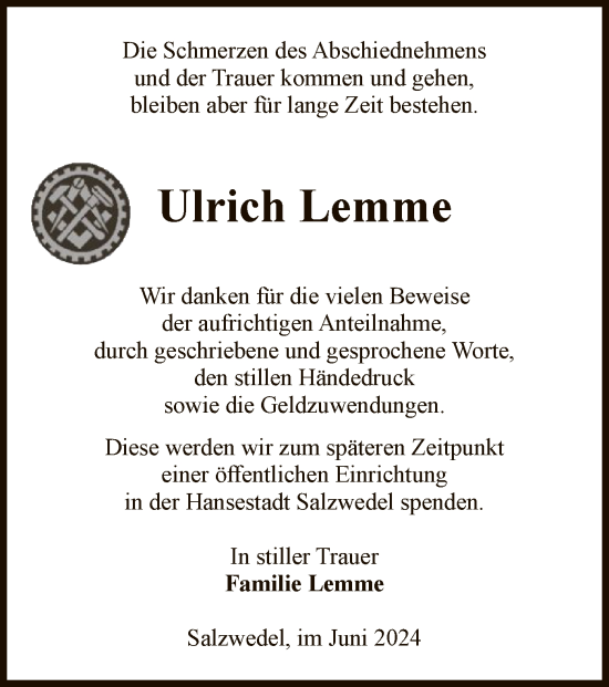 Todesanzeige von Ulrich Lemme von UEL