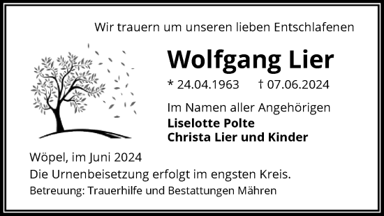 Todesanzeige von Wolfgang Lier von UEL