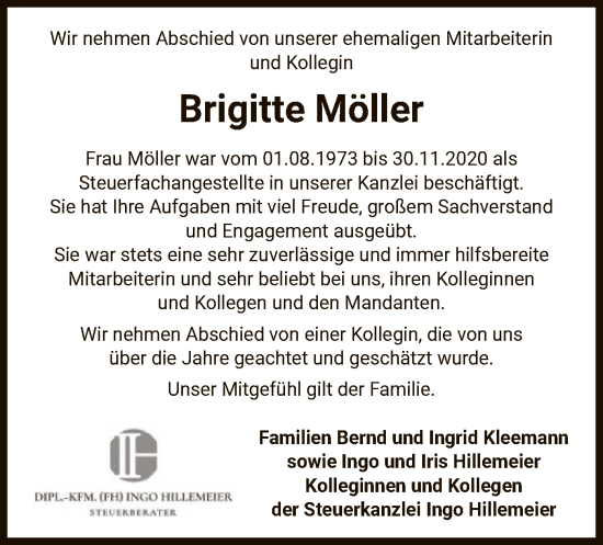 Todesanzeige von Brigitte Möller von UEL