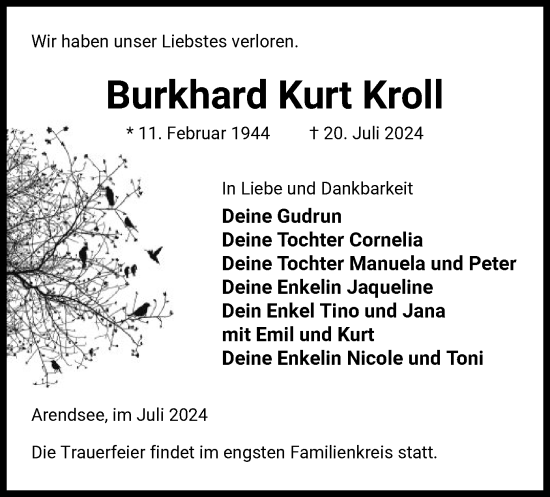 Todesanzeige von Burkhard Kurt Kroll von UEL