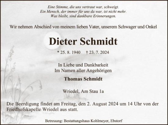 Todesanzeige von Dieter Schmidt von UEL