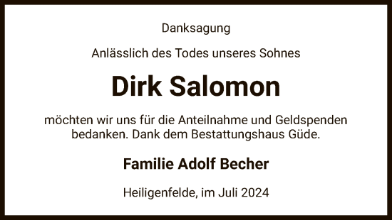 Todesanzeige von Dirk Salomon von UEL