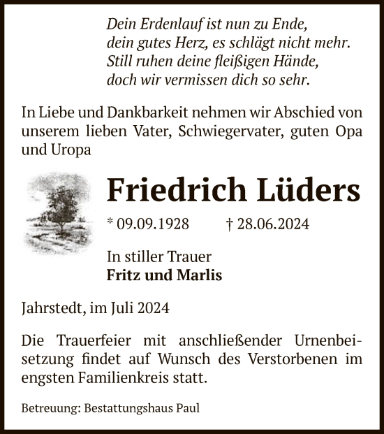 Todesanzeige von Friedrich Lüders von UEL