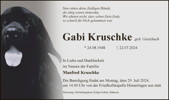 Todesanzeige von Gabriele Kruschke von UEL