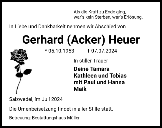 Todesanzeige von Gerhard Heuer von UEL